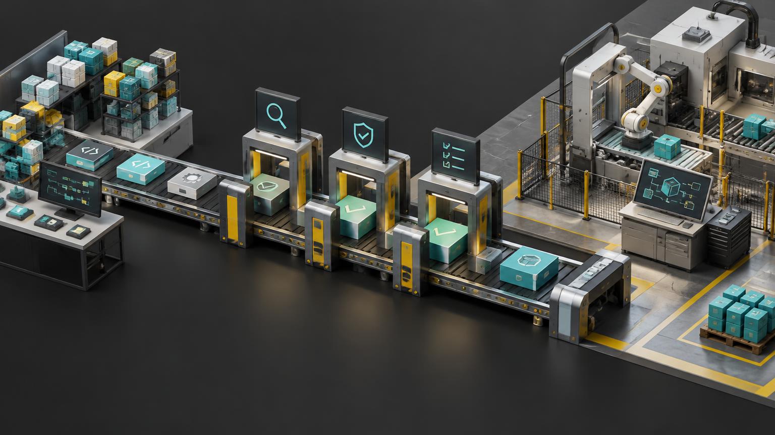 Conceptual software delivery pipeline with inspection gates connecting digital modules to manufacturing equipment